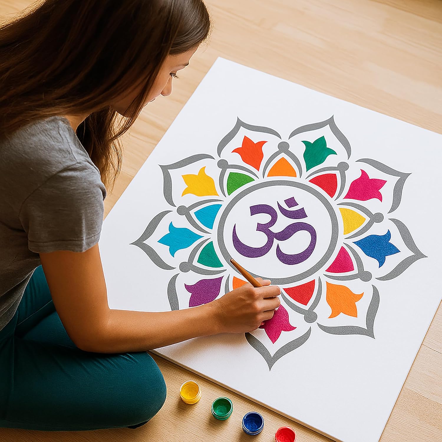 Person painting a colorful mandala design on paper with paint supplies nearby.