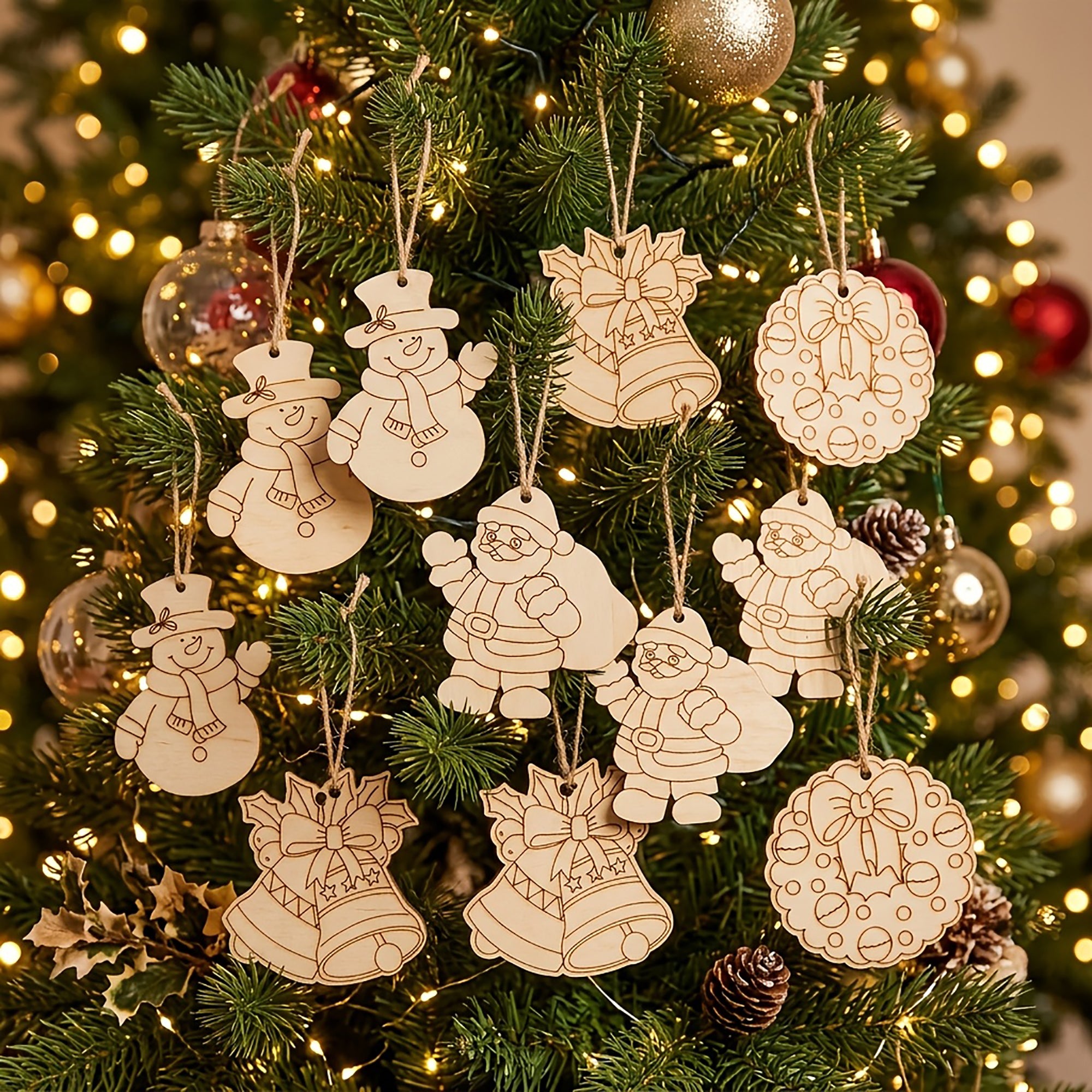 pack of 12 wooden christmas hanging ornaments
