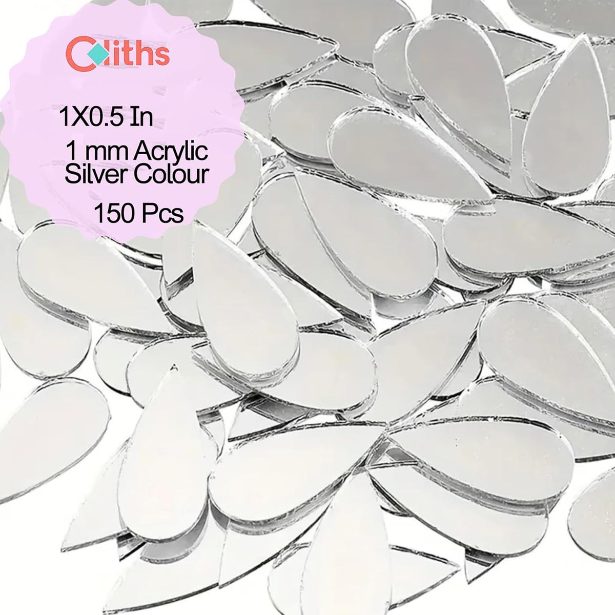 Acrylic teardrop shapes in silver color with a brand label on a white background