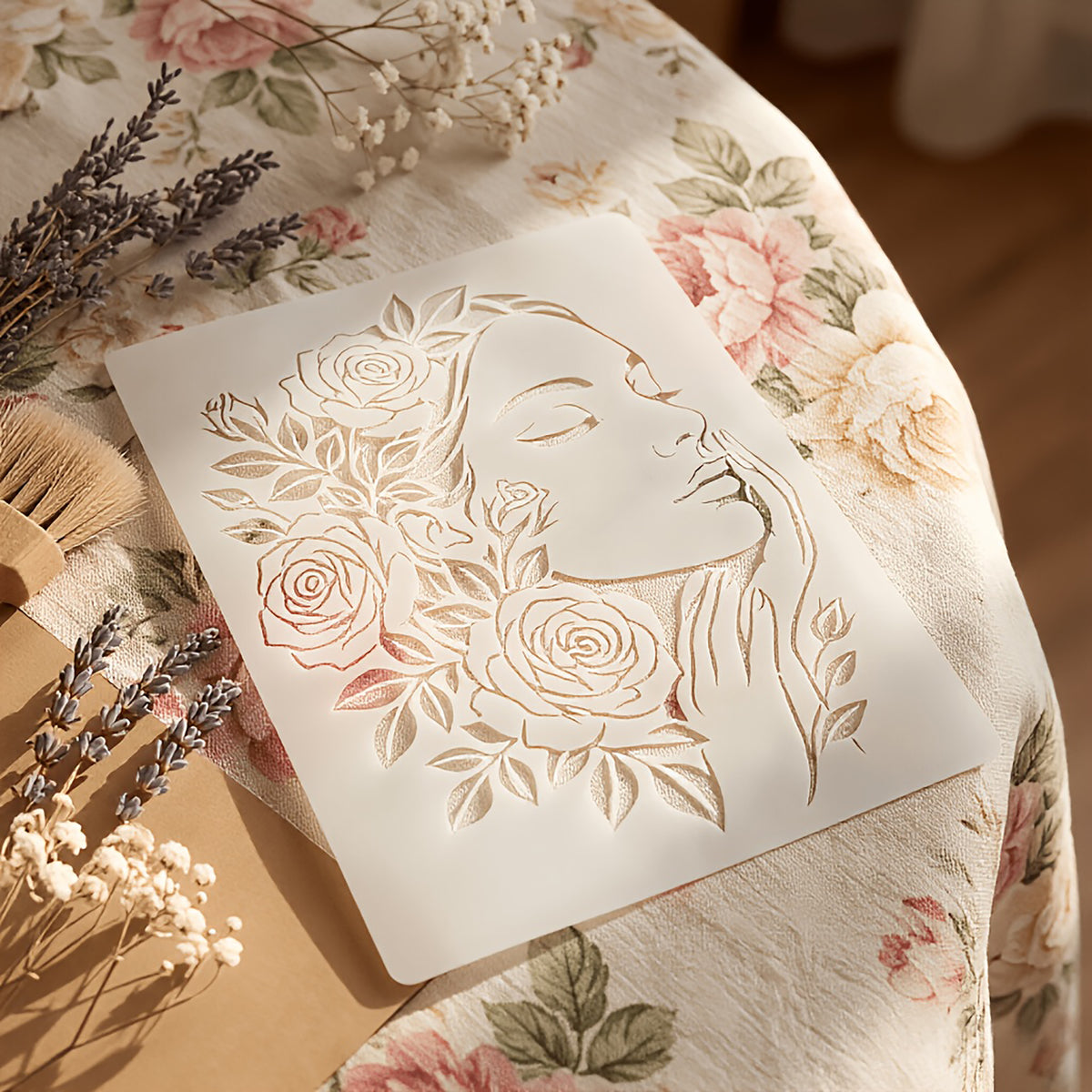 Floral Women PET Painting Stencil for DIY Art & Craft Reusable Lady & Rose Plastic Template for Canvas Fabric Wall Furniture & Journal Pack of 1 Cliths