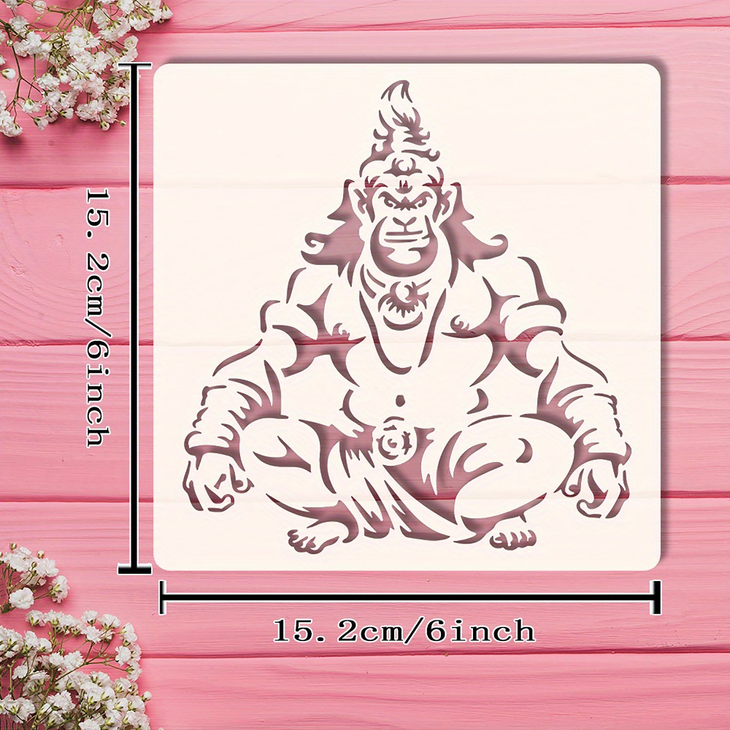 Stencil of a sitting figure with measurements on a pink background