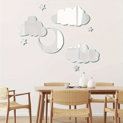 Cliths 8 Pcs Acrylic Mirror Wall Stickers Clouds Moon Stars  Home for Bedroom, Living Room,