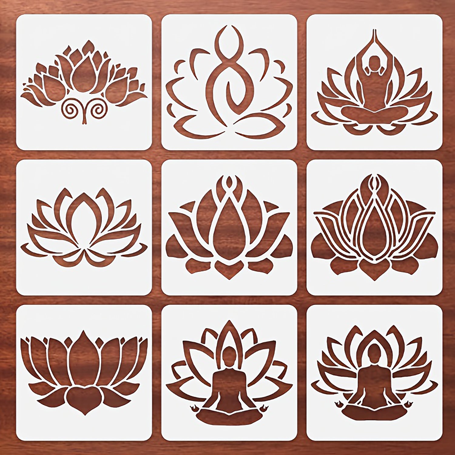 Set of nine stencils with lotus flower and yoga pose designs on a wooden background