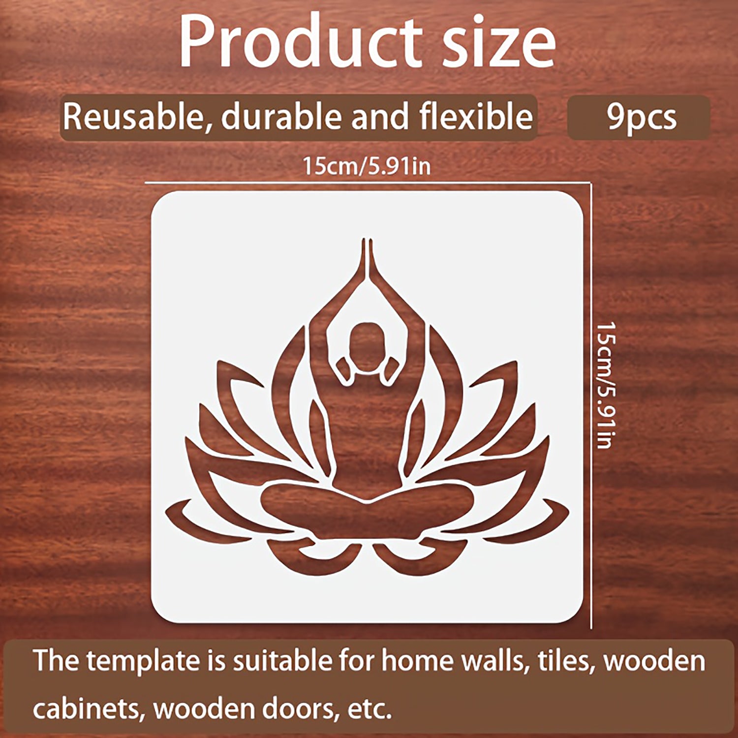 Stencil with a Buddha design on a wooden background, showing product size and suitability for various applications.