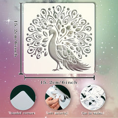 Peacock design stencil with measurements and material details on a gradient background