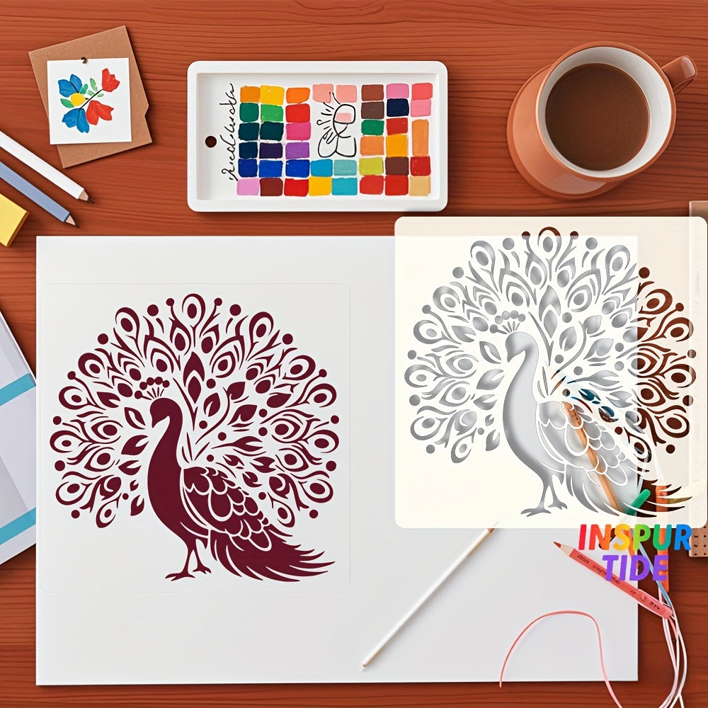 Coloring book with peacock design on a wooden table with art supplies.