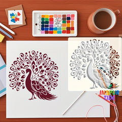 Coloring book with peacock design on a wooden table with art supplies.