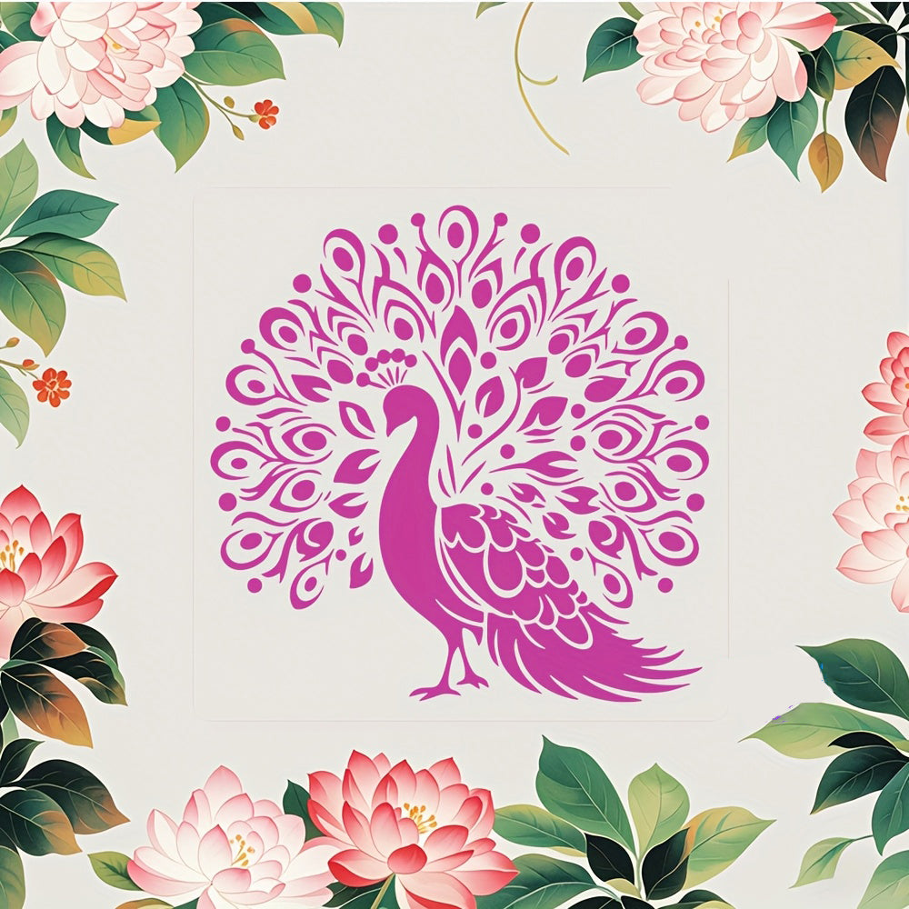 Decorative design with a pink peacock and pink flowers on a light gray background