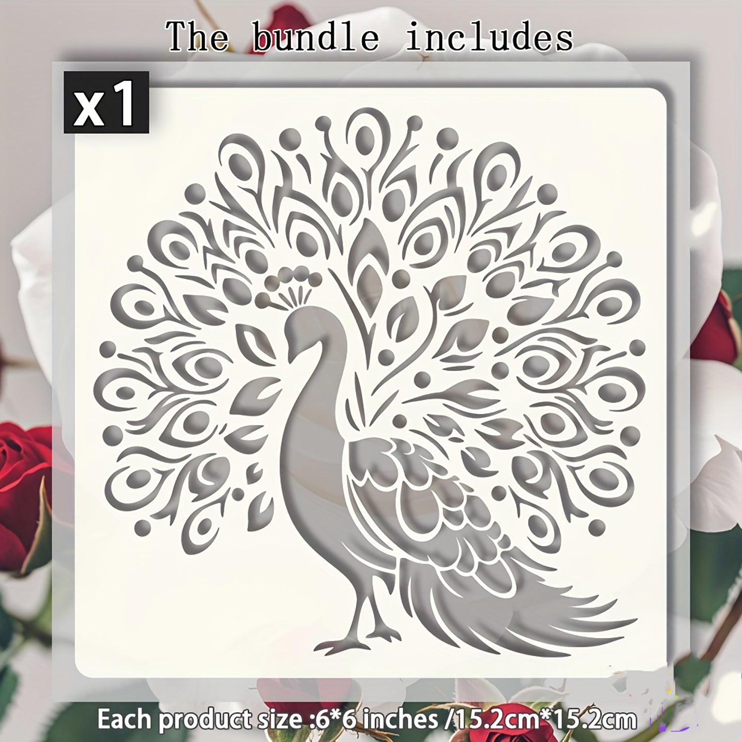 Metal die cut with peacock design on a floral background