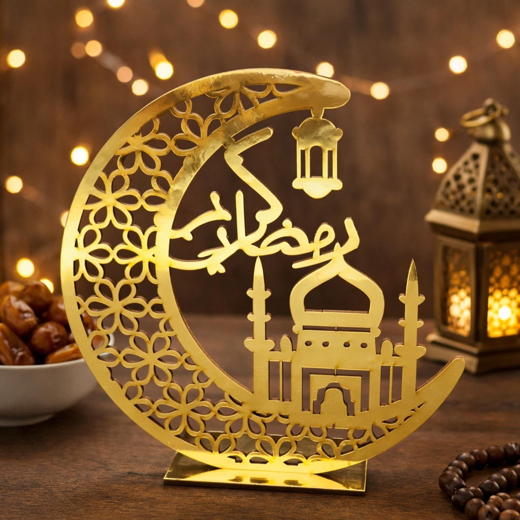 Decorative gold crescent moon with mosque silhouette on a wooden surface with blurred lights in the background.