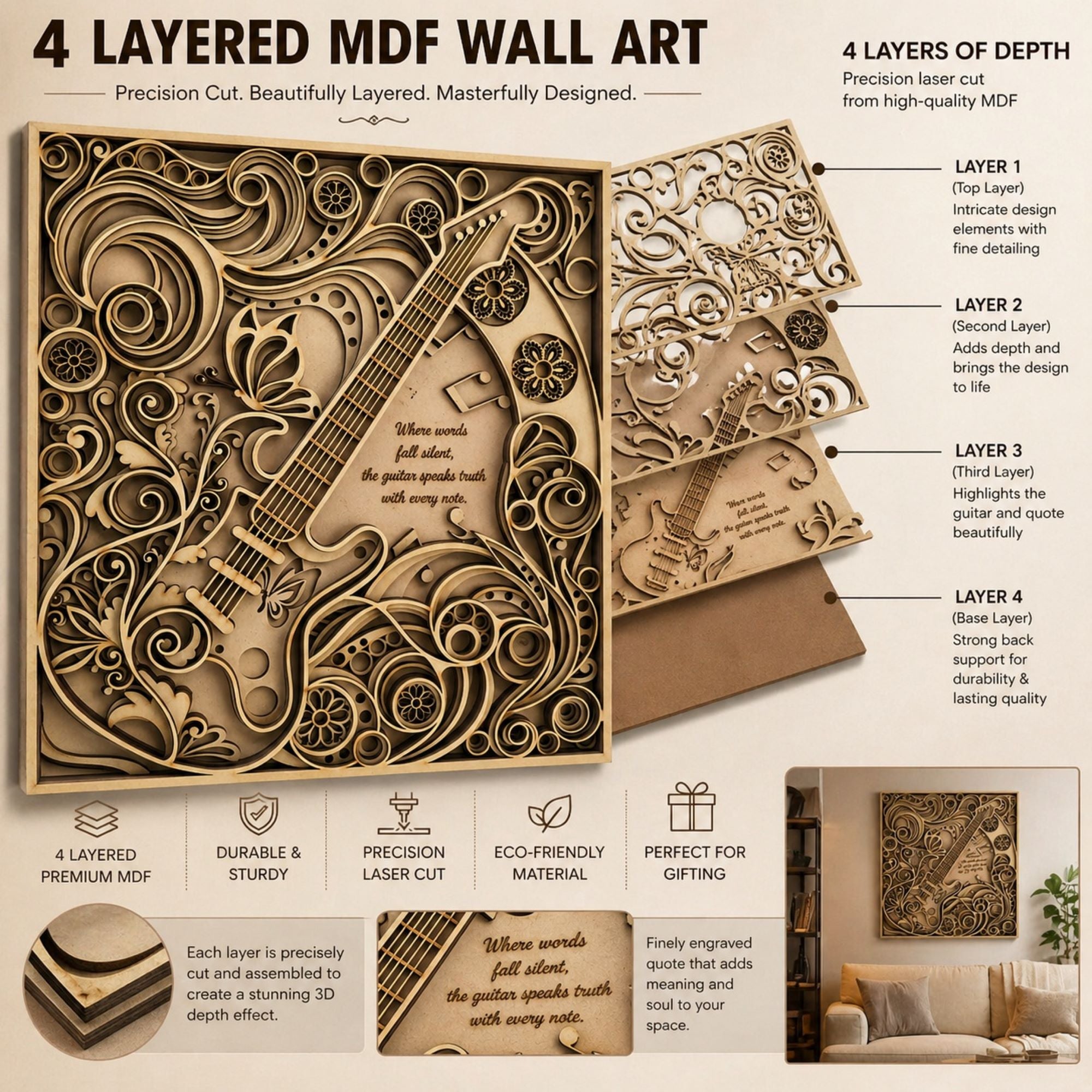 layered guitar wall art for bedroom