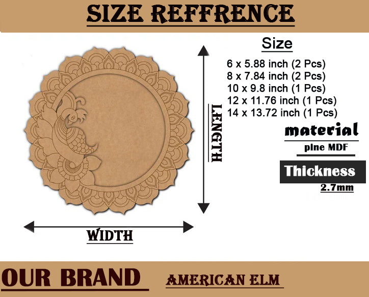 Wooden decorative item with measurements and material details on a brown background