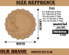 Wooden decorative item with measurements and material details on a brown background