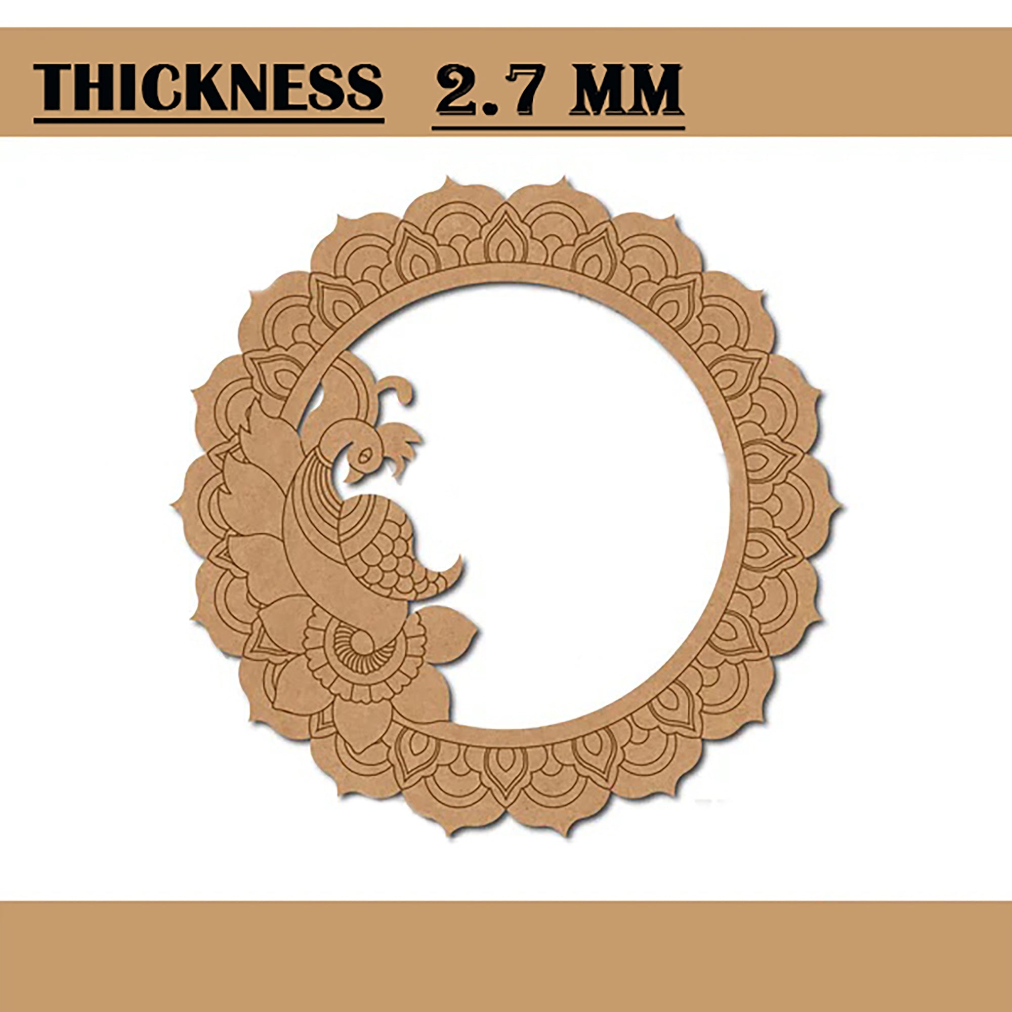 Decorative circular wood cutout with peacock design and thickness label on a beige background