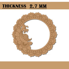 Decorative circular wood cutout with peacock design and thickness label on a beige background