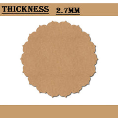 Round brown paper cutout with scalloped edge and 'Thickness 2.7MM' text on a beige background