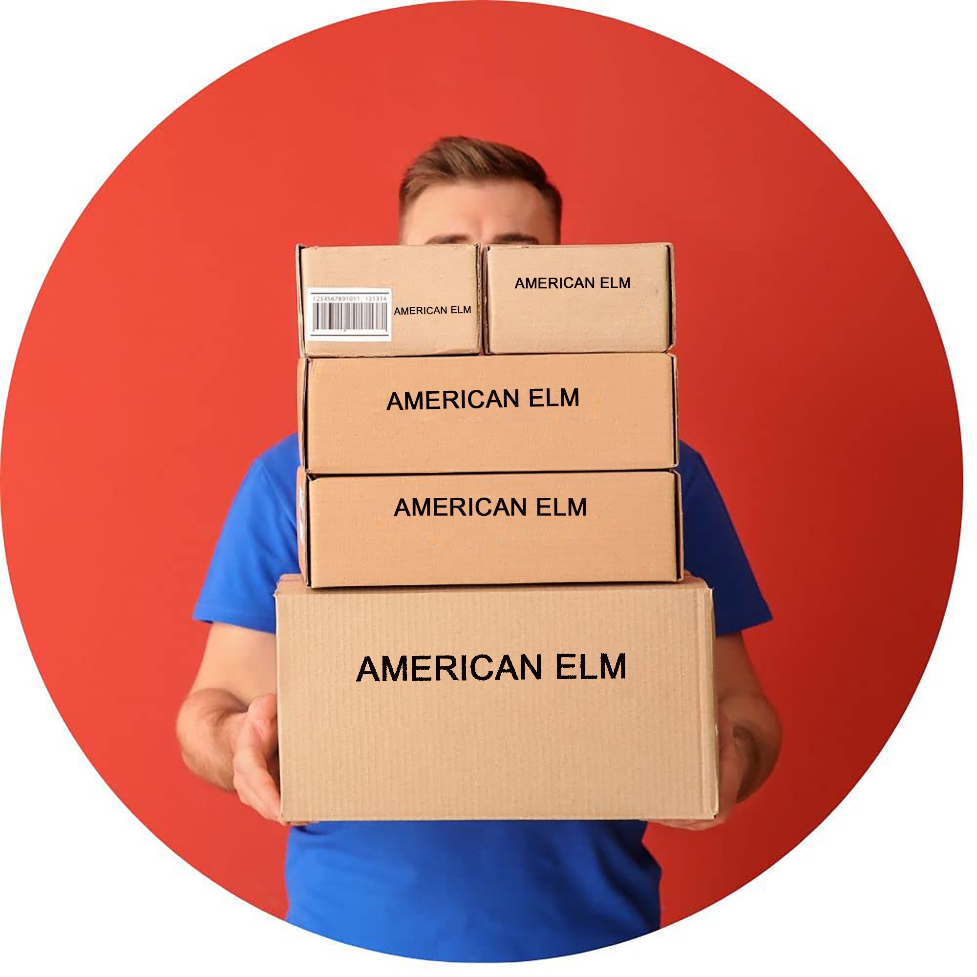 Person holding stacked cardboard boxes labeled 'American Elm' against a red background