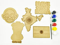 American Elm India Independence Day Craft Kit India Map Gandhi & 4 Patriotic Wooden Cutouts with Paints for Kids DIY Projects
