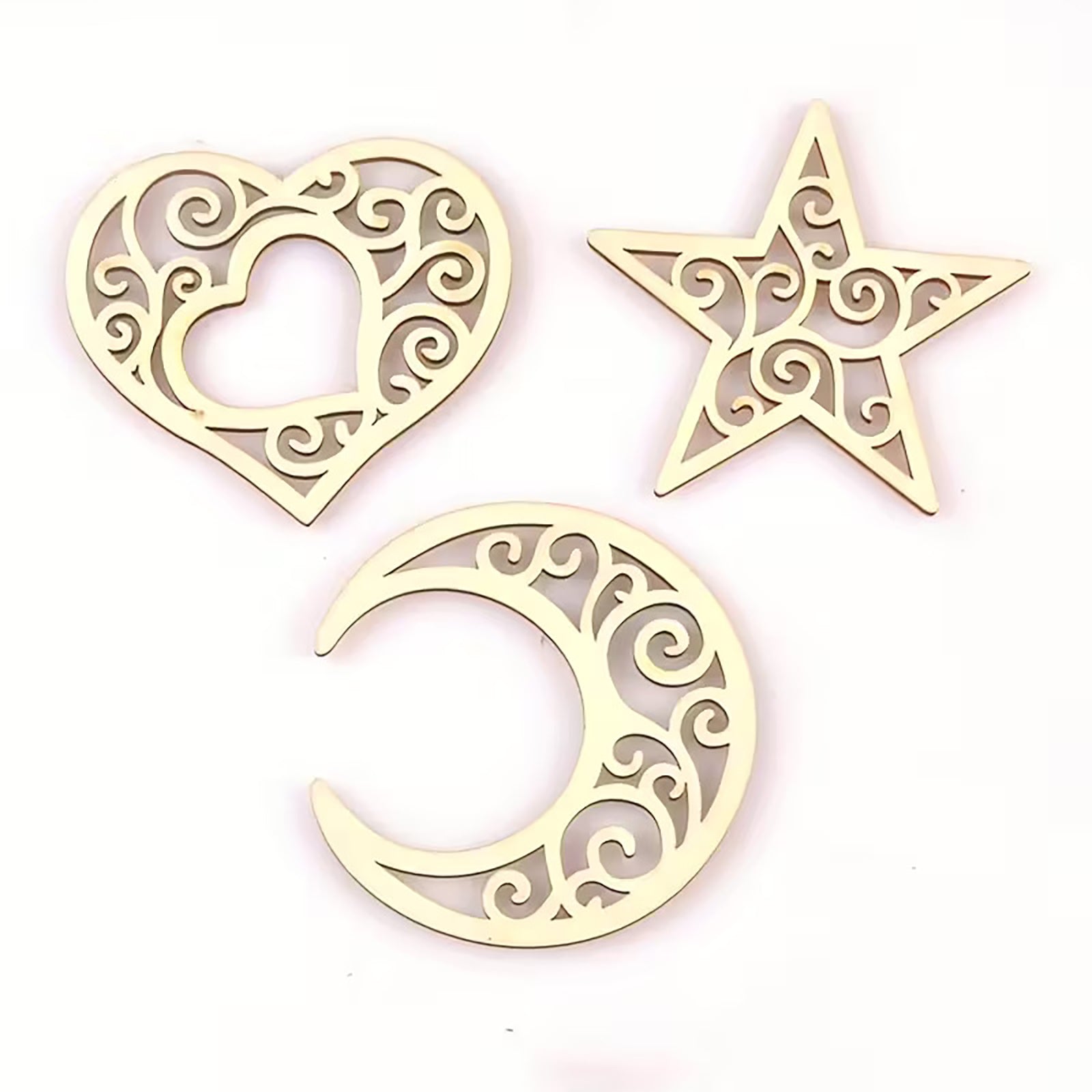 wooden moon star heart shapes

