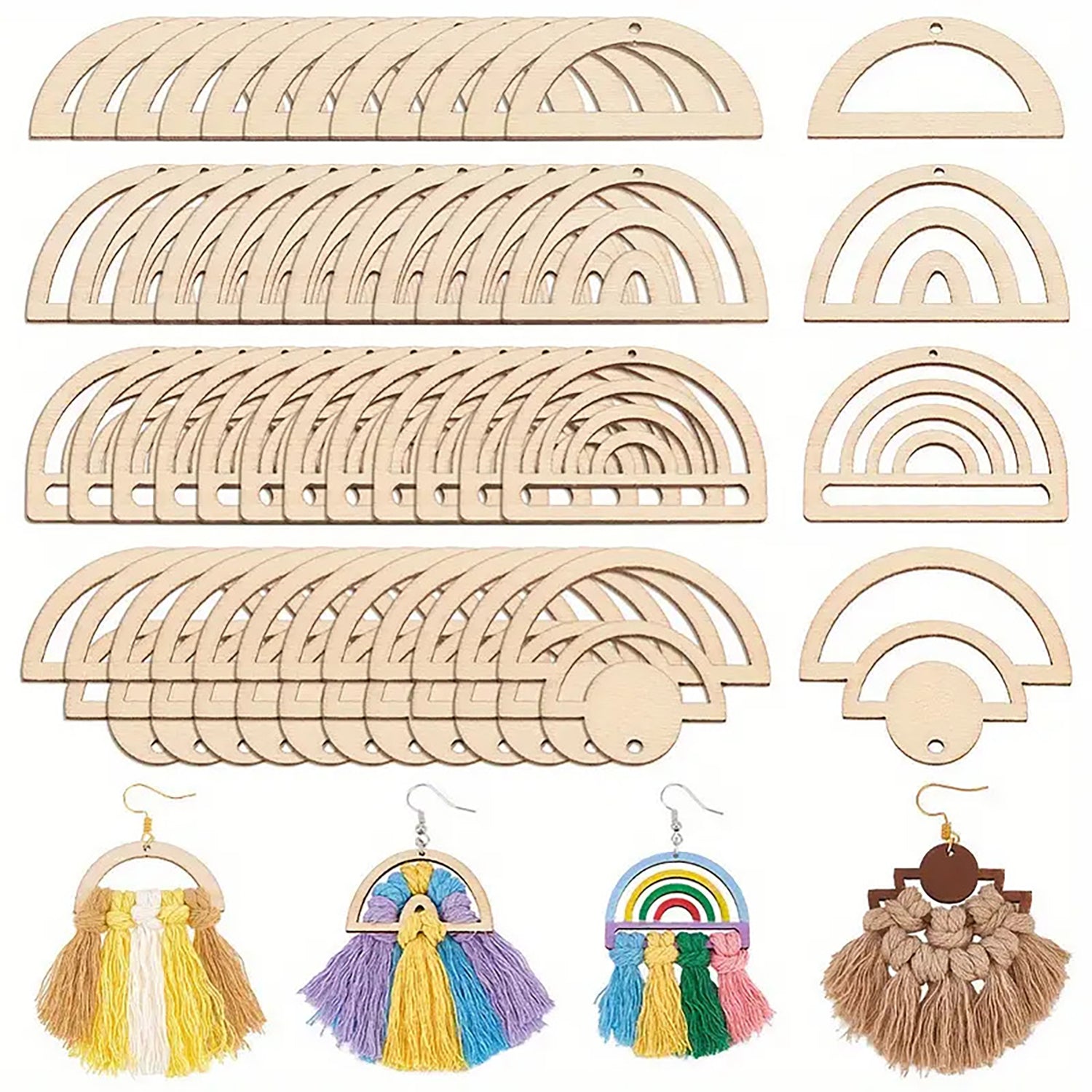 Set of wooden earring hooks and rainbow-shaped earrings with tassels.