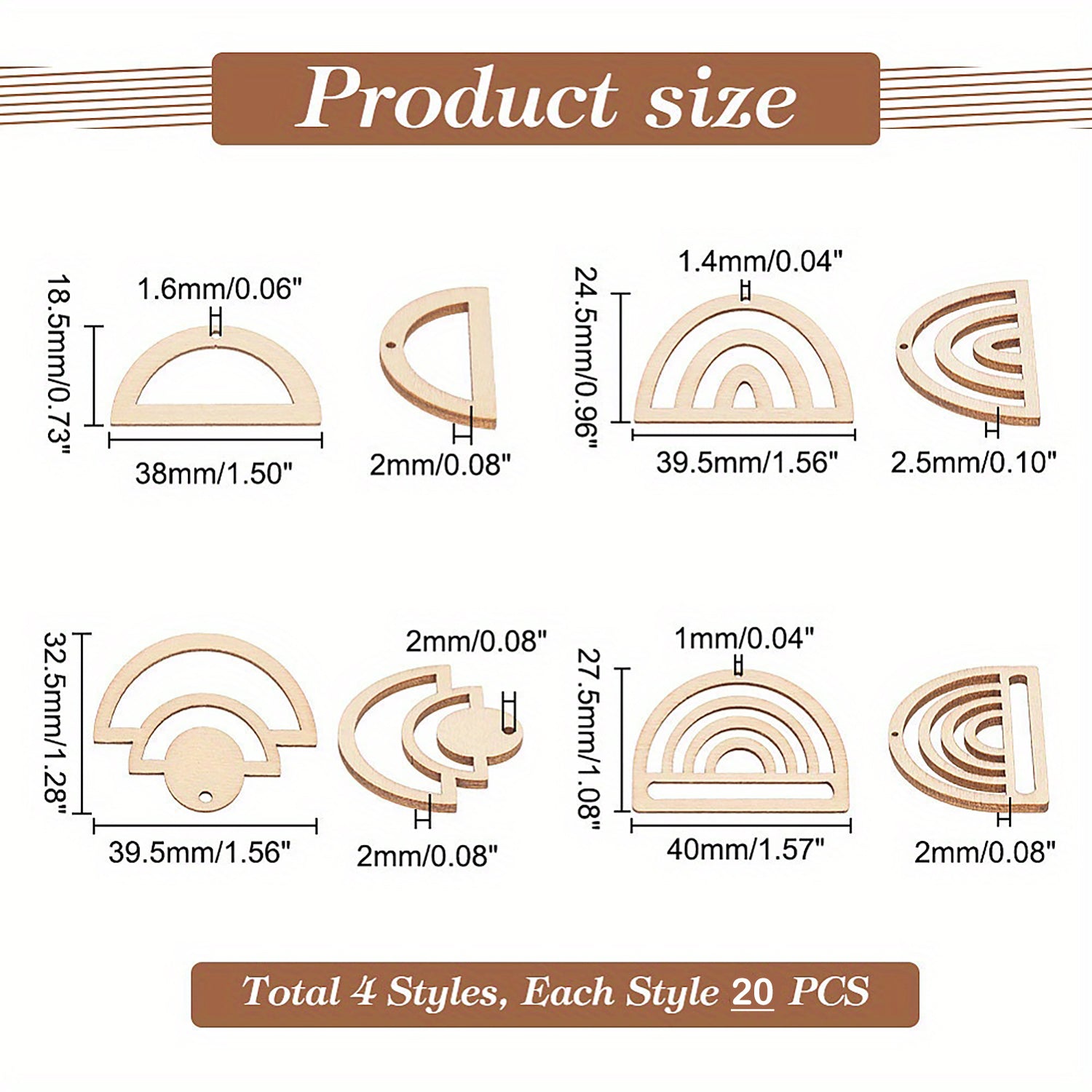 Product size chart with wooden cutouts and their dimensions on a white background.