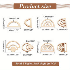 Product size chart with wooden cutouts and their dimensions on a white background.