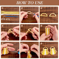 Step-by-step tutorial on how to make a tassel necklace with yellow and white ribbons.