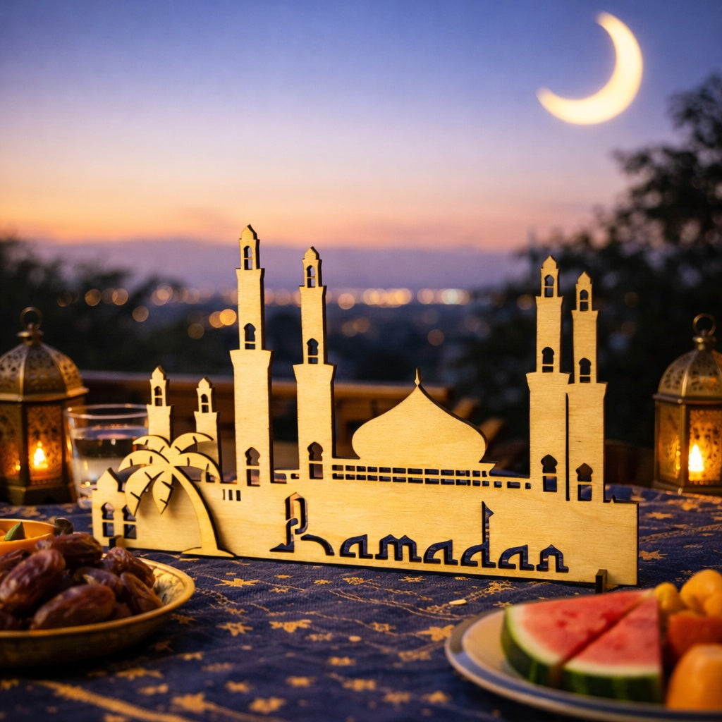 Decorative mosque model with 'Ramadan' on a table at sunset.