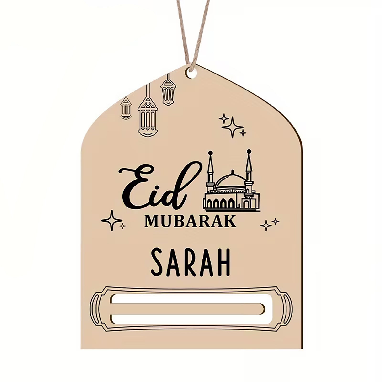 This eid mubarak wooden money holder features a mosque and lantern