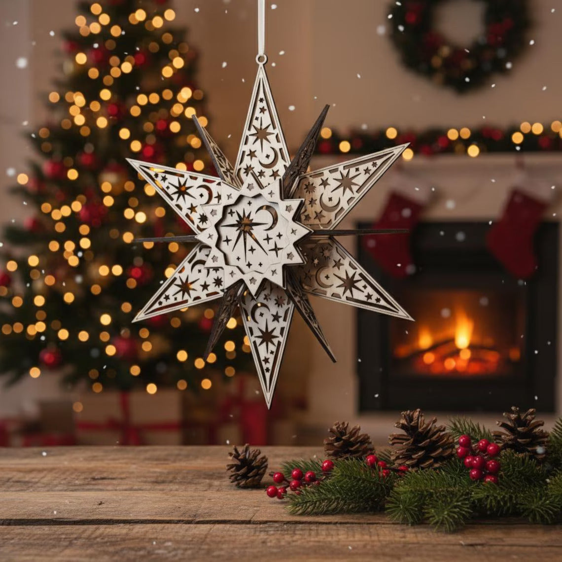 Decorative star ornament on a wooden surface with a festive background including a Christmas tree and stockings.