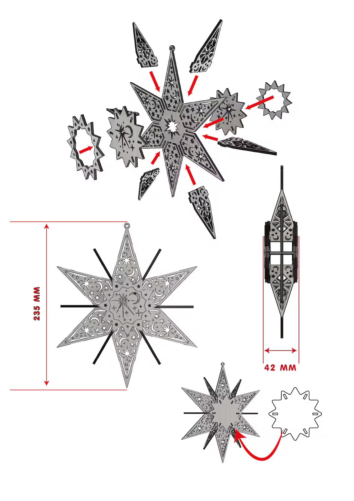 Star-shaped decorative items with measurements on a white background