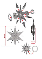 Star-shaped decorative items with measurements on a white background