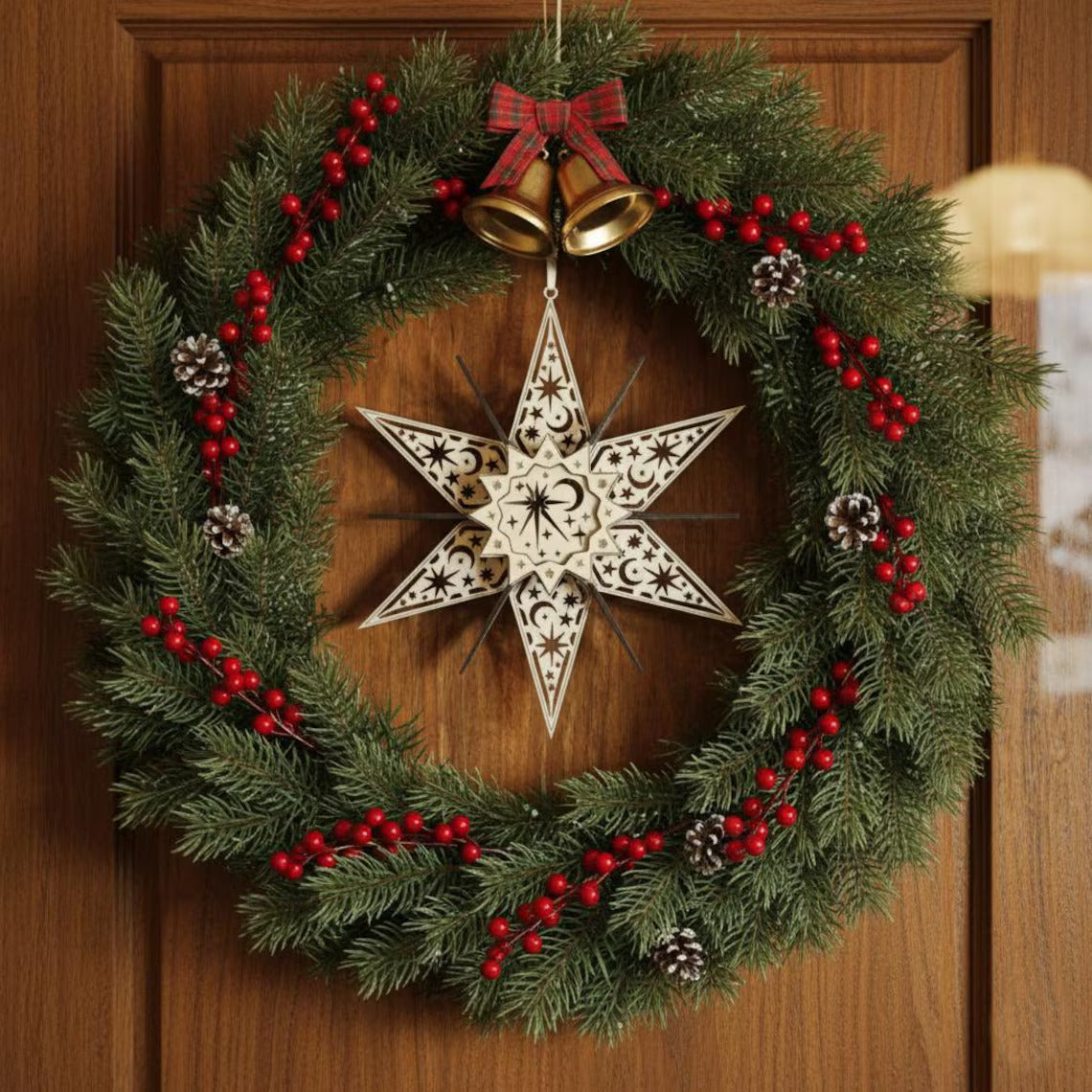 Christmas wreath with star ornament, bells, and red berries on a wooden door.