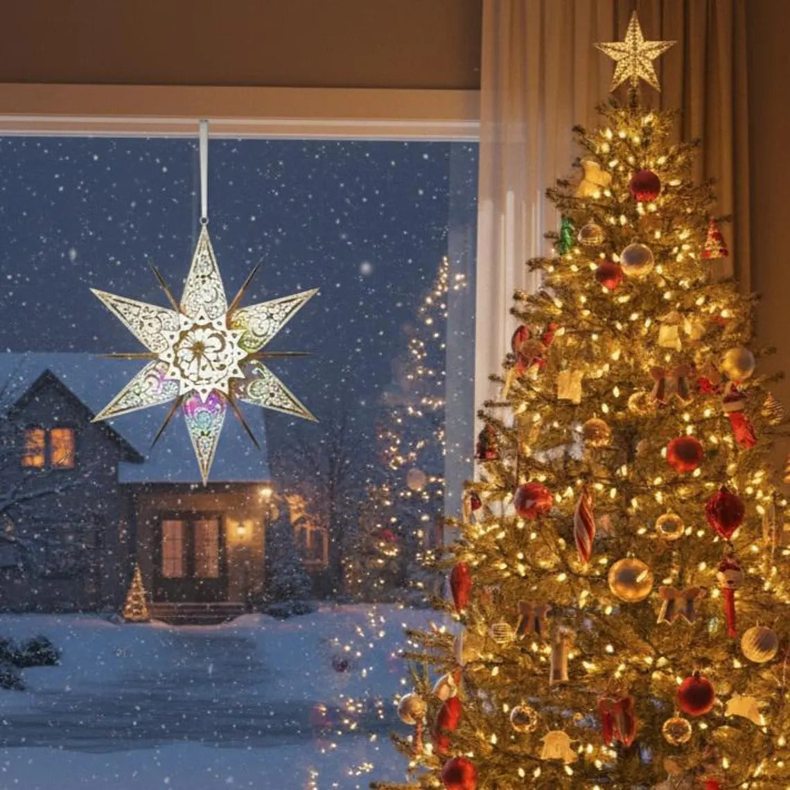 Decorated Christmas tree with star-shaped ornament in front of a snowy window view.