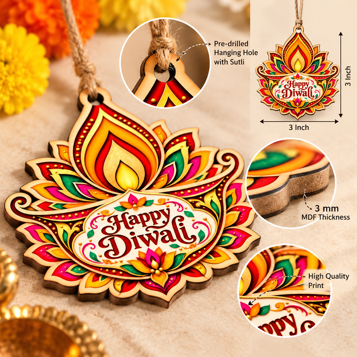 happy diwali wooden printed