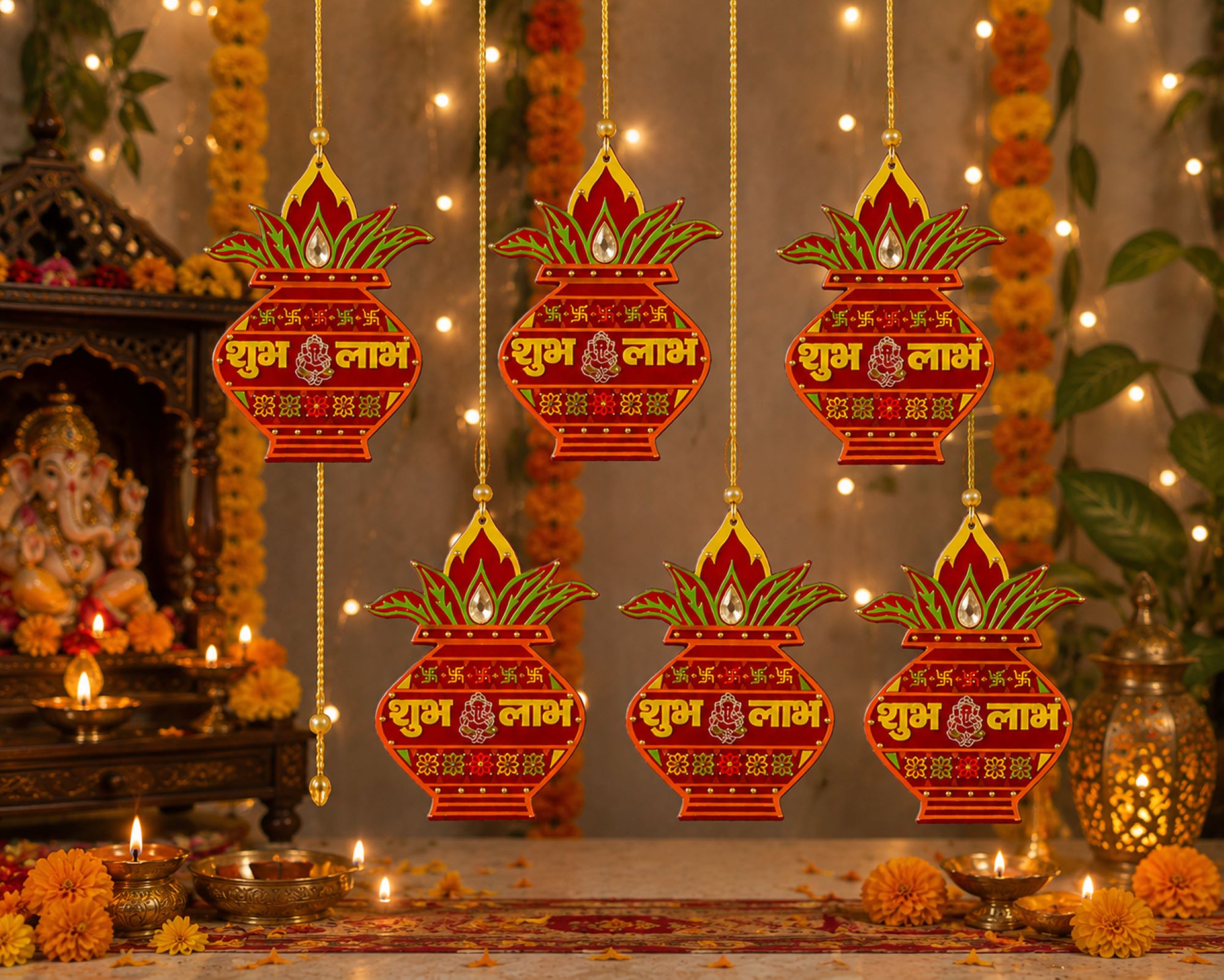 printed wooden kalash for pooja decoration