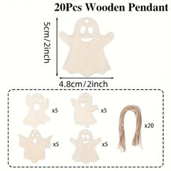 Cliths 20pcs Halloween Wooden Ghost Cutouts DIY Craft Pendants with Strings