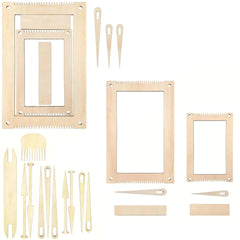 Set of wooden embroidery tools including frames and needles on a white background