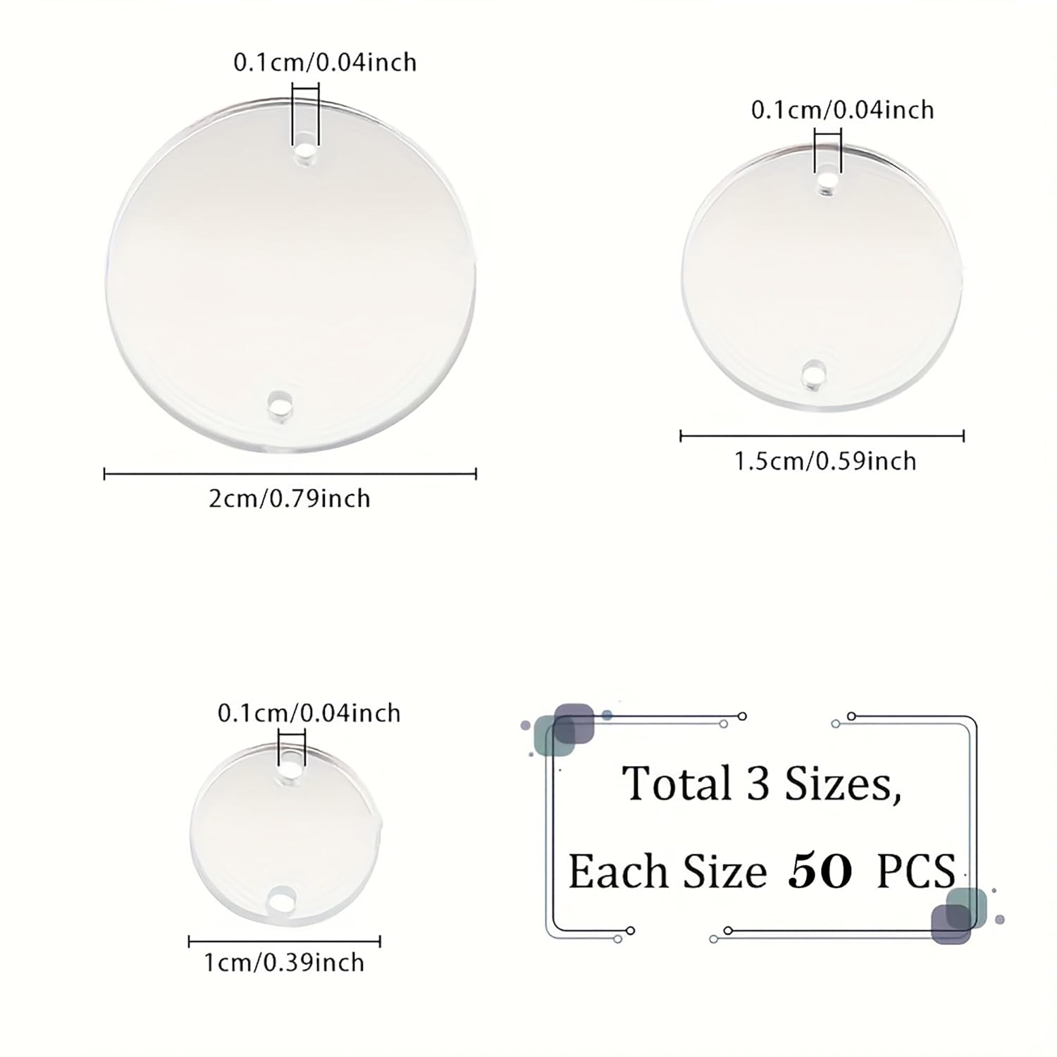 Three clear circular components with measurements on a white background