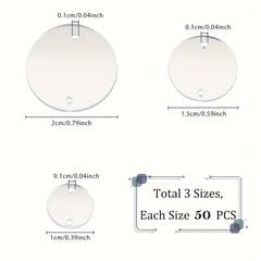 Three clear circular components with measurements on a white background