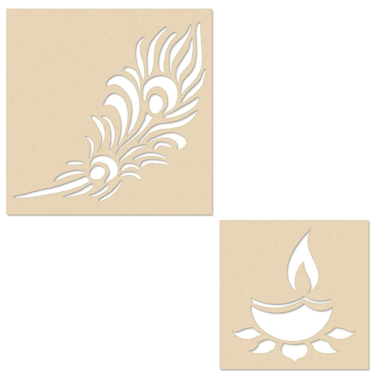 Two wooden stencils with feather and candle designs on a beige background