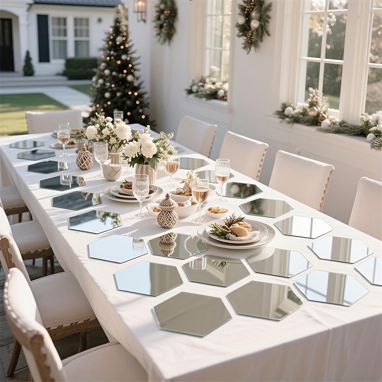 Dining table set for a meal with decorative elements in a home setting.