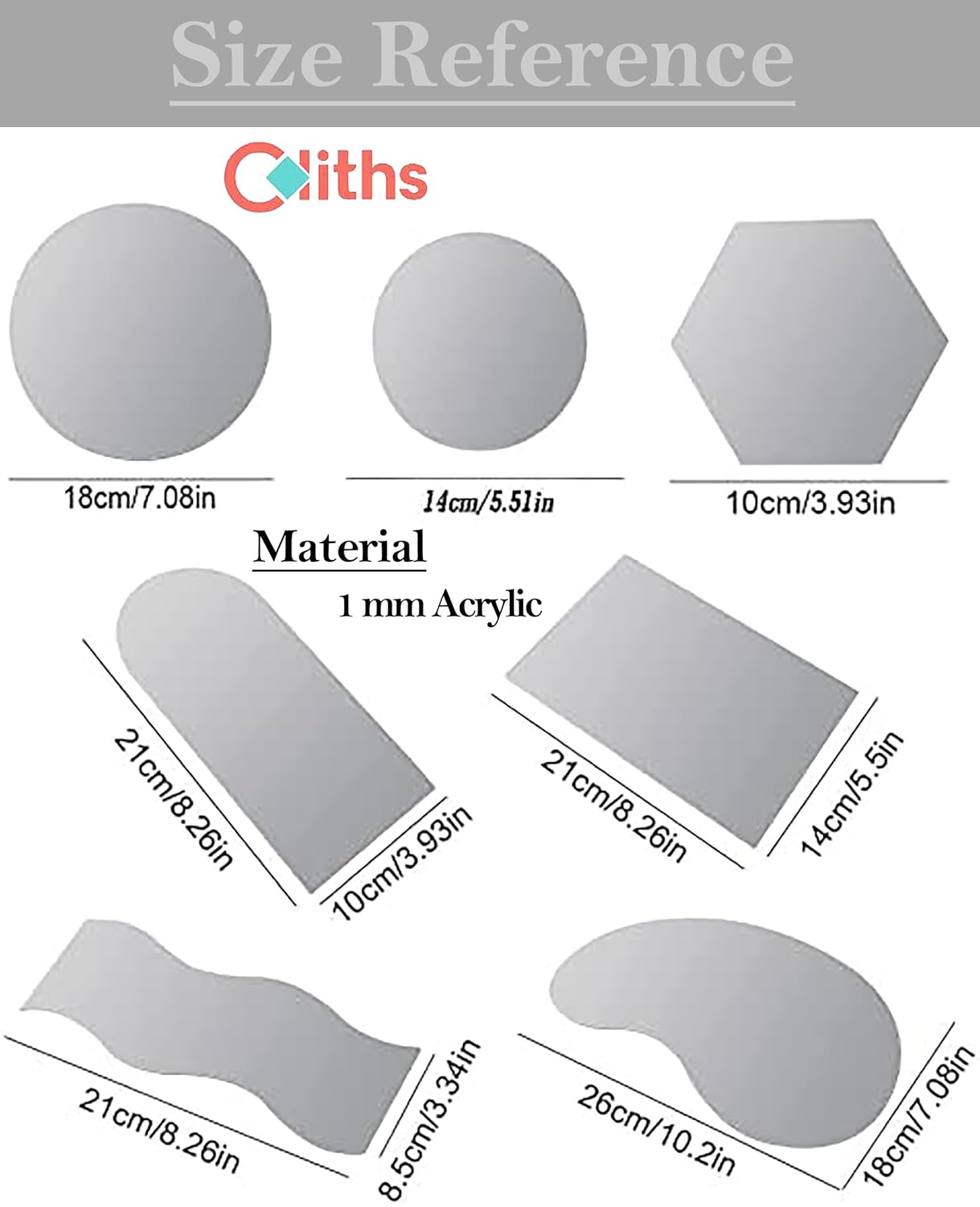 Size reference chart for acrylic sheets with Cliths branding