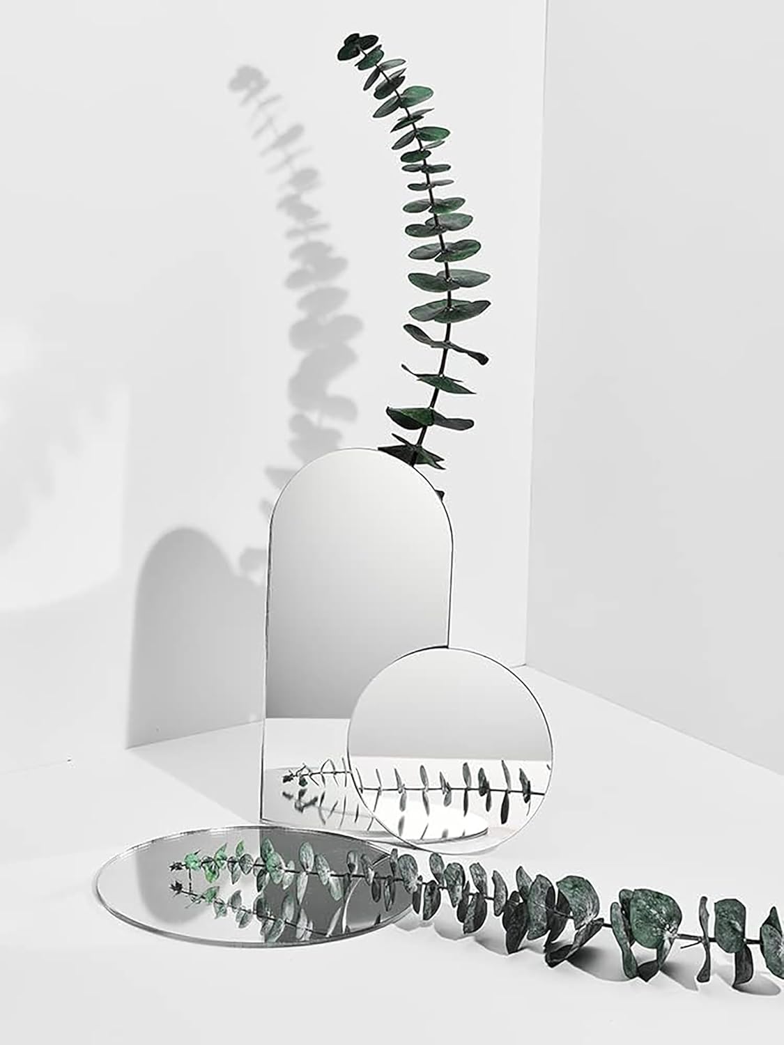 White vase with eucalyptus leaves on a white surface with a minimal background