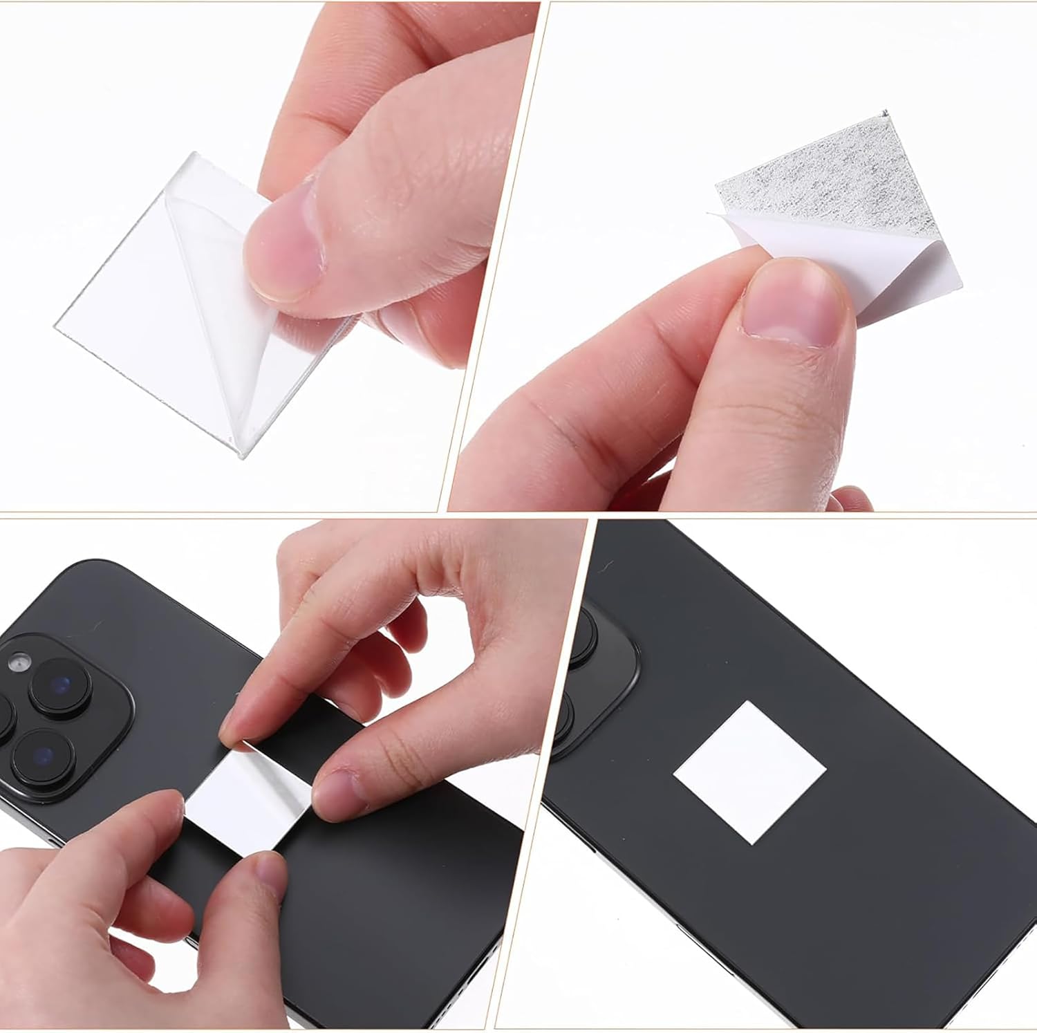 Collage of hands applying a white square patch to a black surface.