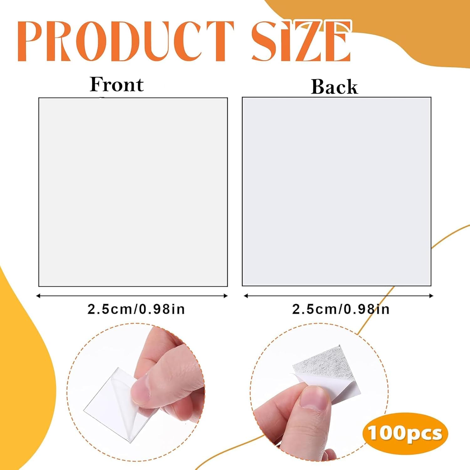 Product size chart showing front and back dimensions of a small square item, held between fingers for scale.