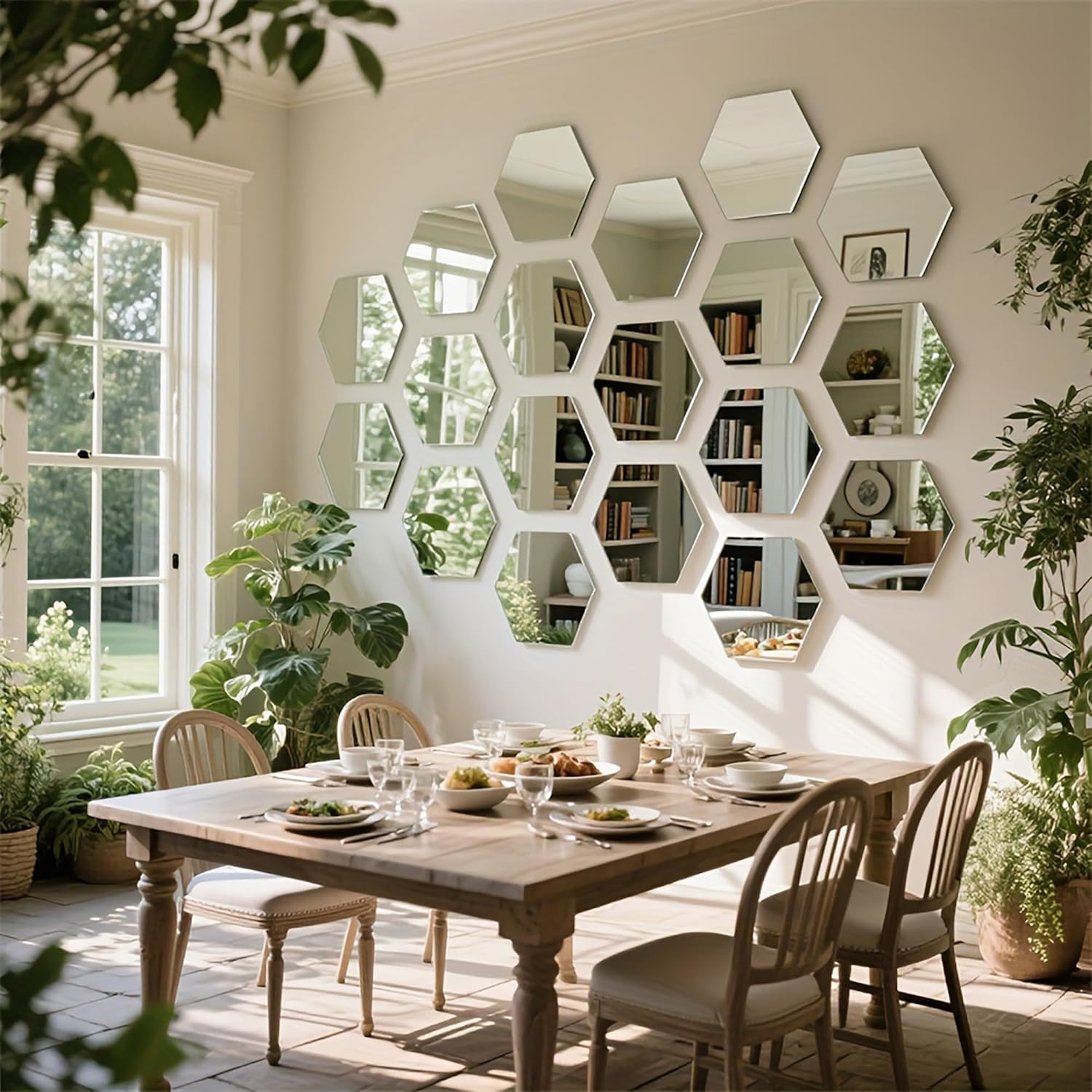 Dining room with wooden table and chairs, hexagonal mirror wall art, and plants.