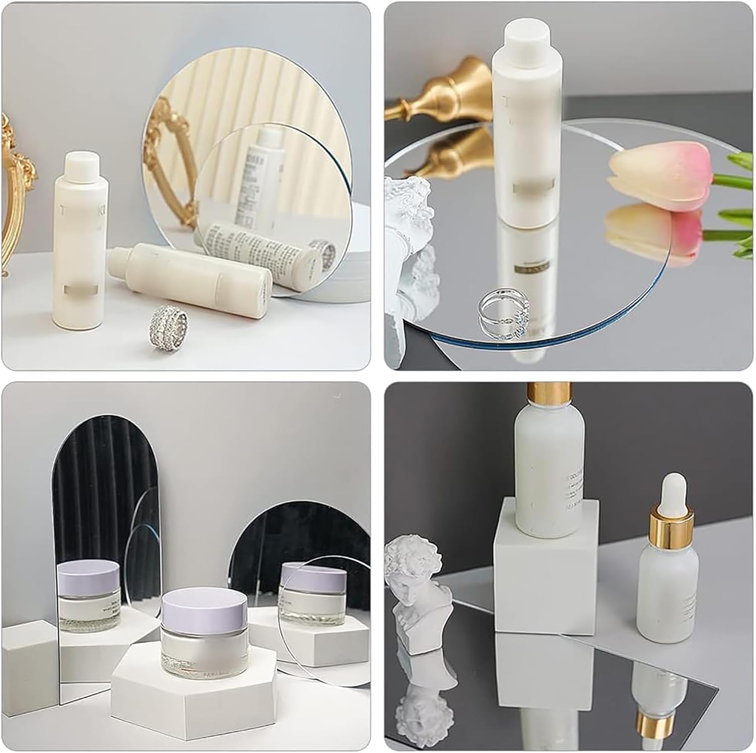 Collage of various skincare products on a reflective surface with decorative elements.