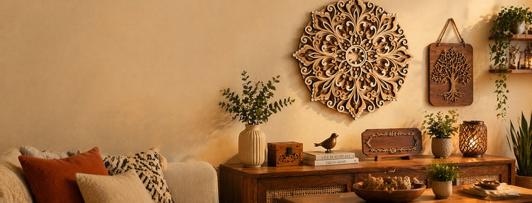 Wooden mandala wall art and decorative home decor setup in a modern Indian living room with American Elm wooden products