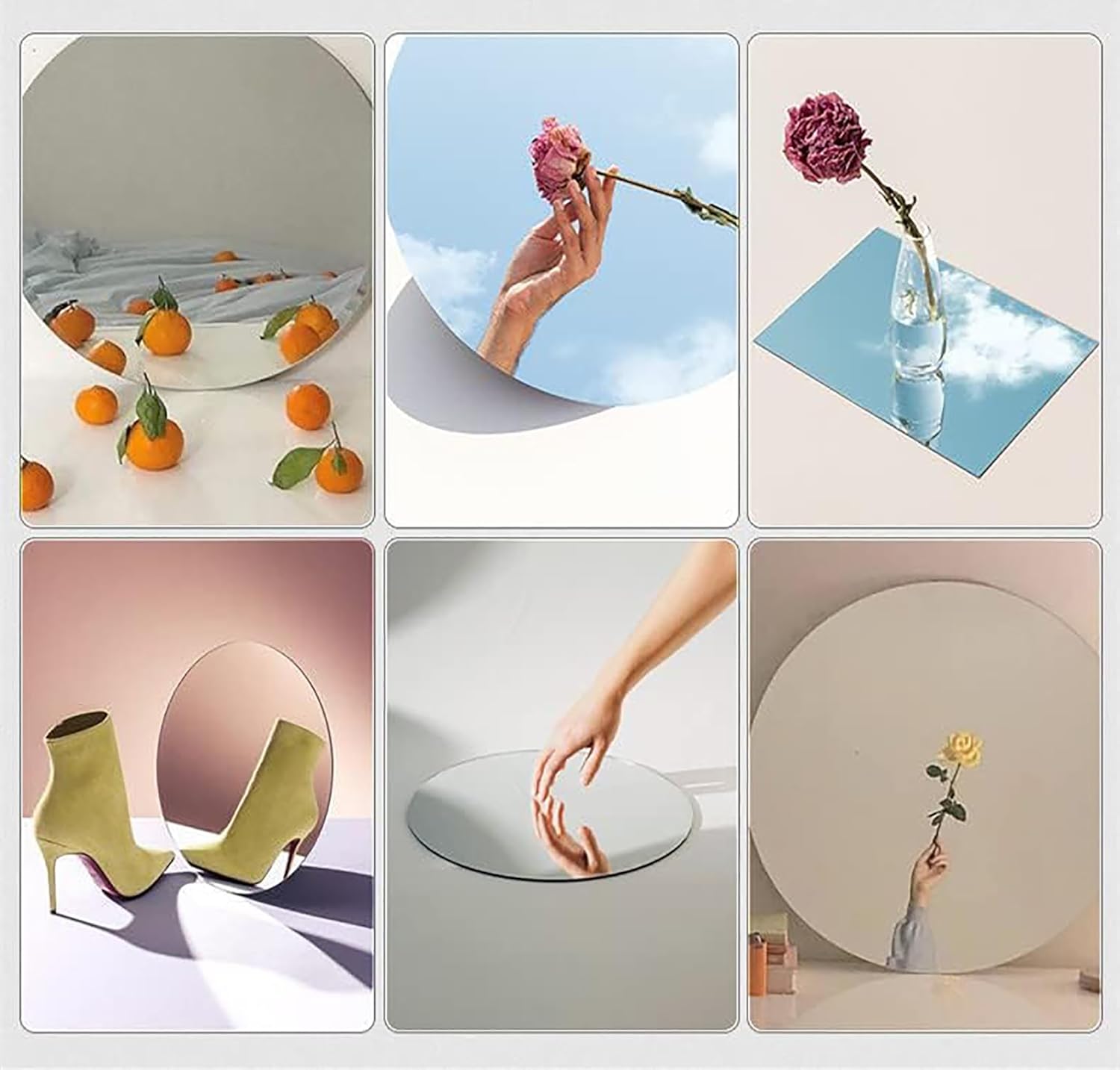 Collage of images featuring a round mirror with floral and fruit decorations.